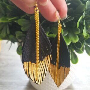 Handmade Leather Feather Earrings with Gilded Golden Tips